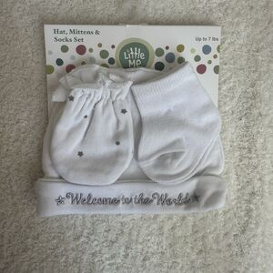 Little Me- New Born”Welcome To The World” Hat, Mittens &socks Set- White/ Silver